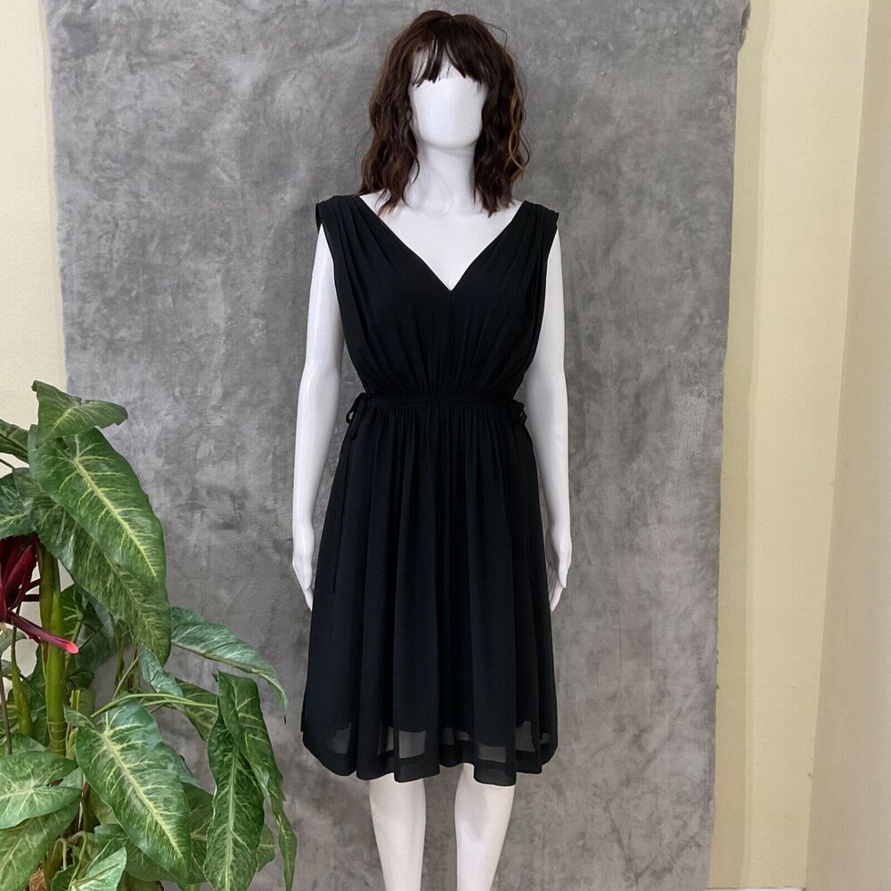 Anthropologie Draped LBD midi Dress women’s 4 Black Crepe V Neck /back cinch tie